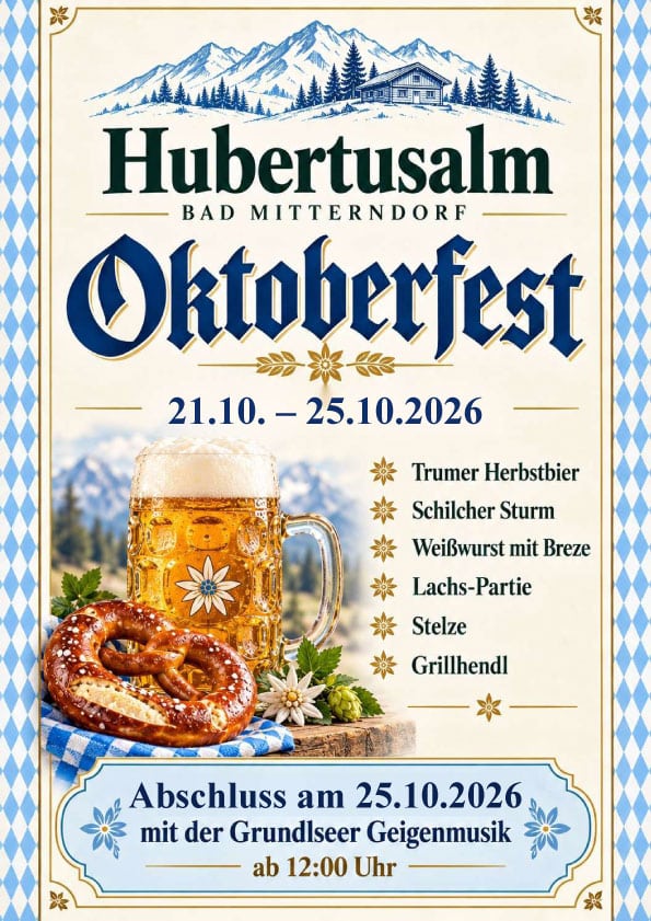Plakat mit weiß-blauen Rauten, Gebirge und der Vorankündigung des Oktoberfests 2026 auf der Hubertusalm