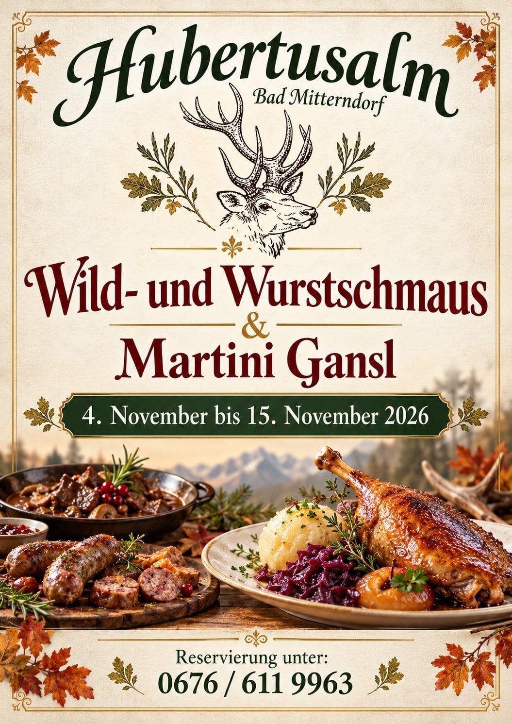 Plakat mit Ankündigung: Wild- und Wurstschmaus & Martini Gansl vom 4. bis 15. November 2026